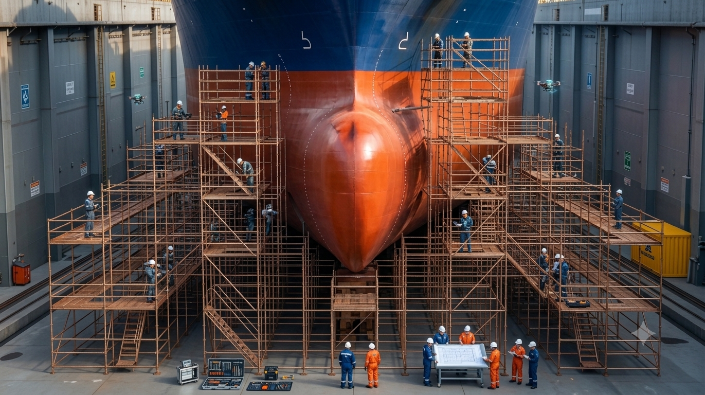 Commercial vessel undergoing repair in a dry dock