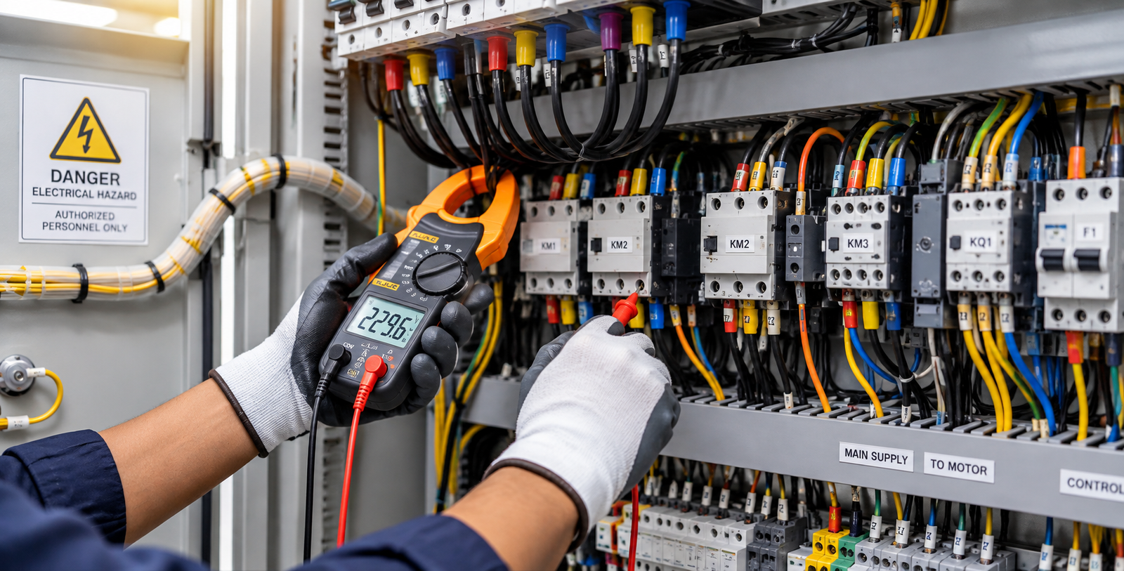 Electrical testing inside an industrial control panel